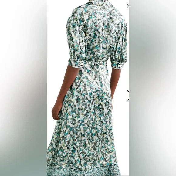 NWT DYVNA belted printed chiffon trimmed hammered silk satin midi length dress